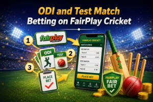 ODI and Test match betting on FairPlay Cricket concept image with mobile betting app, match odds, place bet steps, cricket bat, ball, wickets, coins, and stadium lights in a green and gold theme.