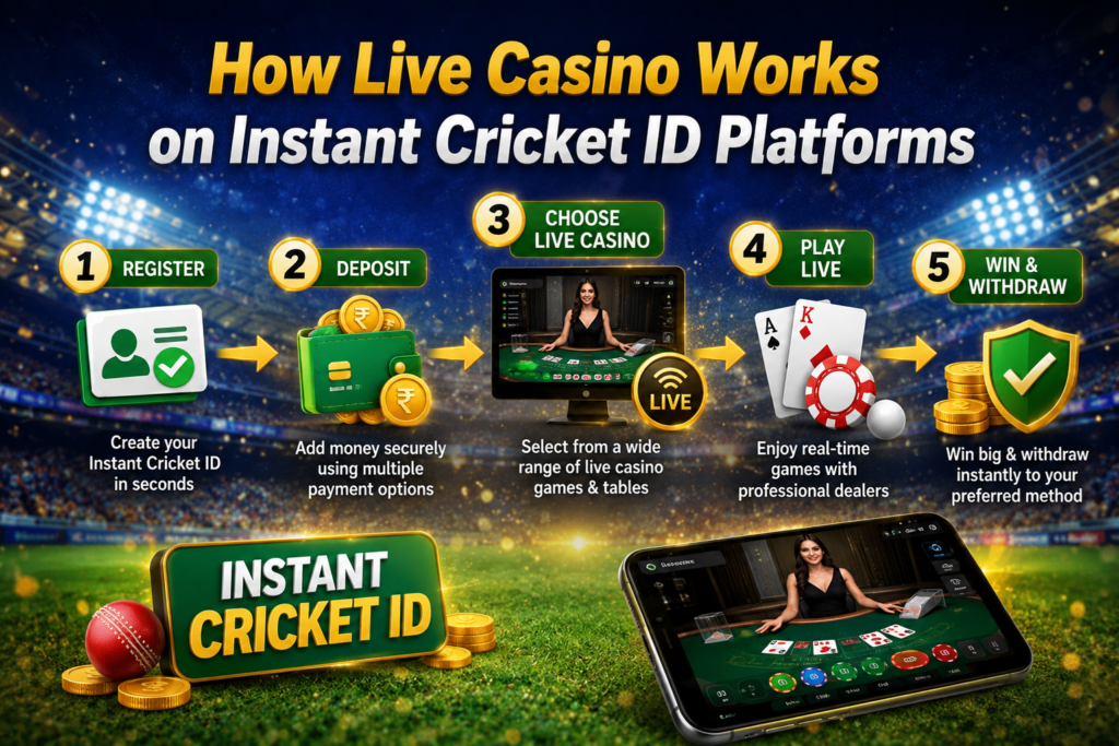 Infographic showing how live casino works on instant cricket ID platforms, with steps for register, deposit, choose live casino, play live, and win or withdraw, set inside a cricket stadium with casino, wallet, cards, coins, and mobile gaming visuals.