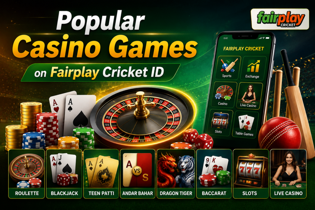 Popular casino games on Fairplay Cricket ID featuring roulette, blackjack, Teen Patti, Andar Bahar, Dragon Tiger, baccarat, slots, live casino, cricket equipment, and a mobile gaming interface.