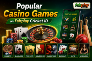 Popular casino games on Fairplay Cricket ID featuring roulette, blackjack, Teen Patti, Andar Bahar, Dragon Tiger, baccarat, slots, live casino, cricket equipment, and a mobile gaming interface.