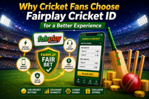 Illustration showing why cricket fans choose Fairplay Cricket ID for a better experience, featuring a smartphone with cricket match odds, Fairplay branding, cricket bat, ball, stadium lights, secure betting shield, instant ID access, mobile-friendly features, fast deposits and withdrawals, and live cricket betting.